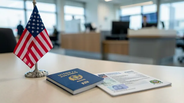 Imagem gerada por IA: Passaporte brasileiro e documento de visto dos Estados Unidos sobre uma mesa, com balcão de imigração ao fundo.