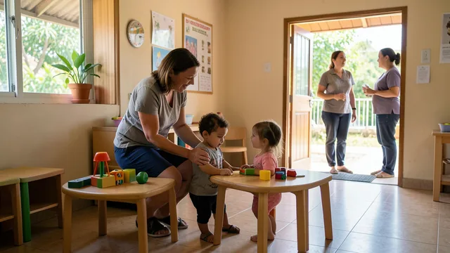 Imagem gerada por IA: Cuidadora recebe uma criança em uma creche enquanto uma família conversa com a equipe.