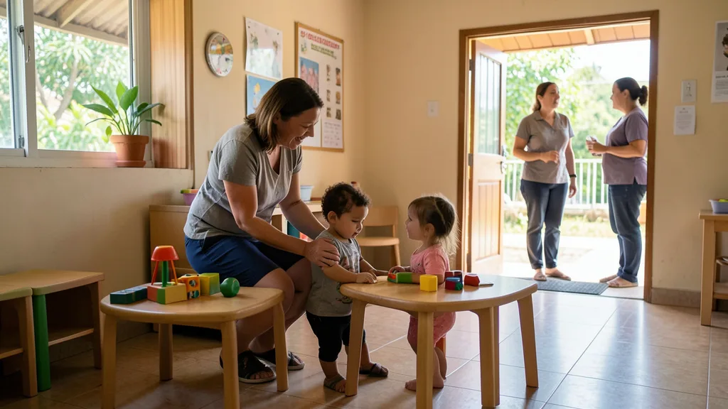 Imagem gerada por IA: Cuidadora recebe uma criança em uma creche enquanto uma família conversa com a equipe.