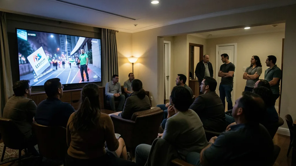 Imagem gerada por IA: Apoiadores acompanham a apuração eleitoral em uma casa, enquanto pessoas conversam reservadamente em outro ambiente.