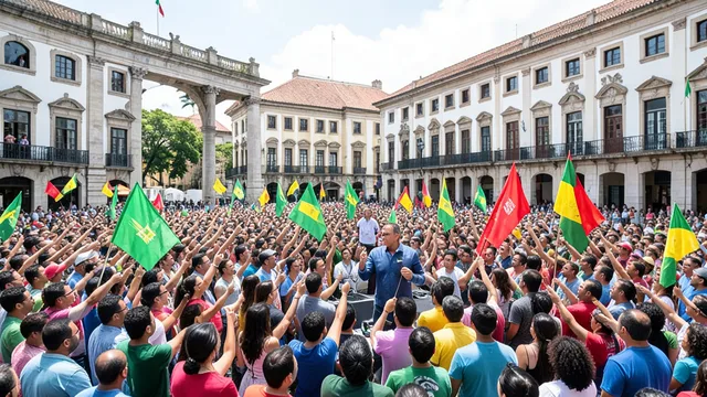 Imagem gerada por IA: Candidato discursa para apoiadores em comício no centro de Porto Alegre.
