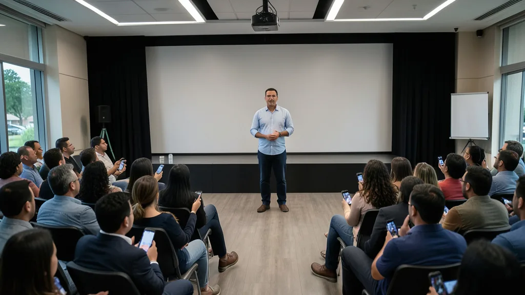 Imagem gerada por IA: Palestrante conversa com influenciadores reunidos em um auditório, alguns usando celulares.