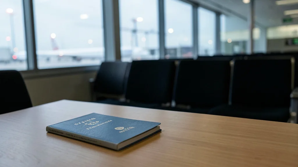 Imagem gerada por IA: Passaporte e documentos sobre uma mesa diante de um saguão de aeroporto.