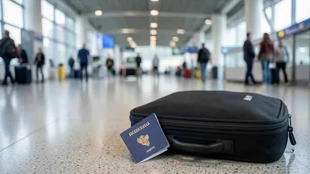 Imagem gerada por IA: Passaporte sobre uma mala em um terminal de aeroporto.