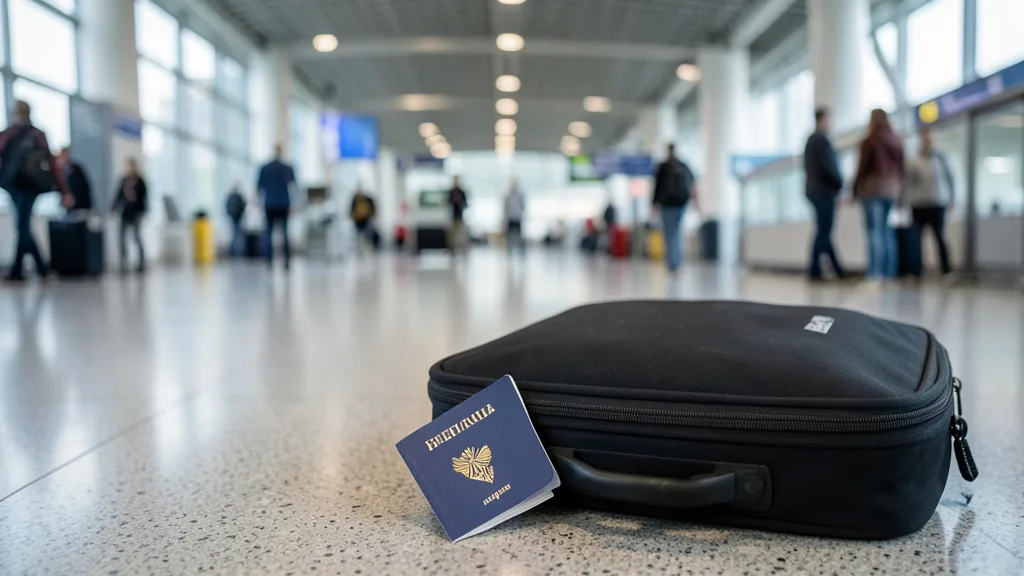 Imagem gerada por IA: Passaporte sobre uma mala em um terminal de aeroporto.