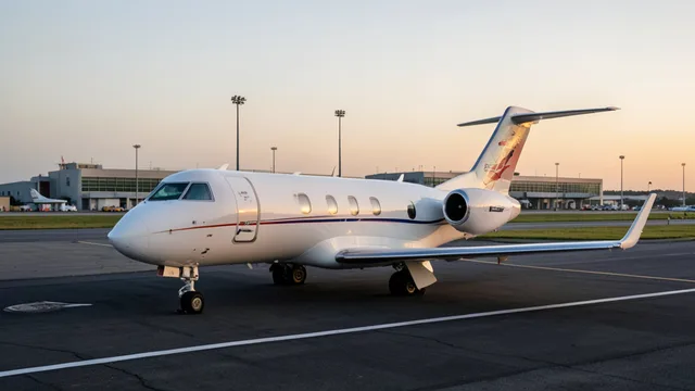 Imagem gerada por IA: Avião particular em pista de aeroporto ao amanhecer