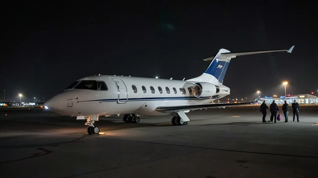 Imagem gerada por IA: Jato particular em uma pista de aeroporto à noite, com passageiros ao fundo.