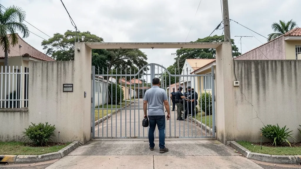 Imagem gerada por IA: Entrada residencial em Brasília com um visitante chegando durante o dia.