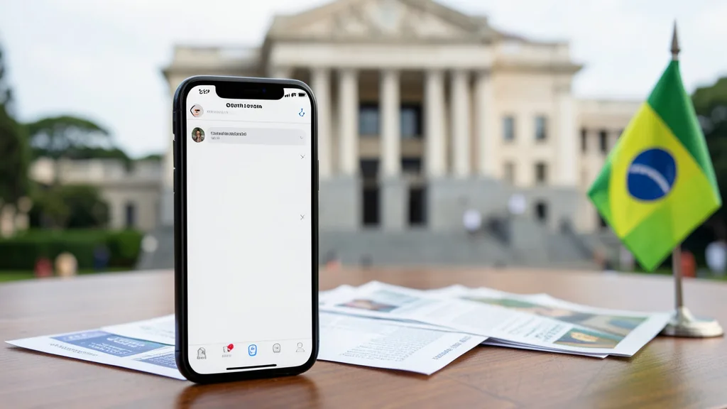 Imagem gerada por IA: Celular com uma tela genérica de canal de mensagens ao lado de materiais de campanha e uma bandeira do Brasil.