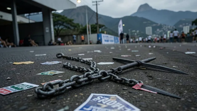 Imagem gerada por IA: Corrente e tridente no chão de um local de campanha vazio.