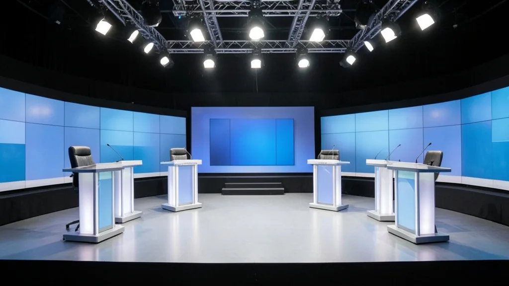 Palco vazio de debate presidencial em um estúdio de televisão, com púlpitos sob iluminação de estúdio.