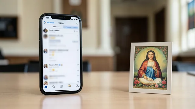 Celular ao lado de uma imagem de Nossa Senhora Aparecida, com um tribunal desfocado ao fundo.