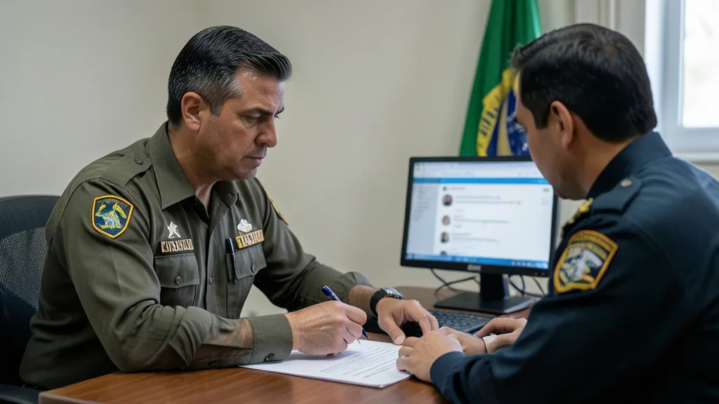 Imagem gerada por IA: Investigador analisa documentos eleitorais diante de um computador com uma rede social desfocada.