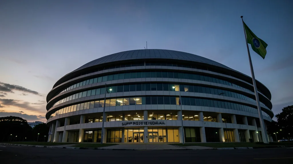 Imagem gerada por IA: Fachada do Supremo Tribunal Federal em Brasília ao anoitecer.