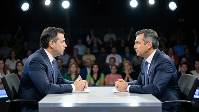 Imagem gerada por IA: Dois candidatos participam de um debate em um estúdio de televisão.