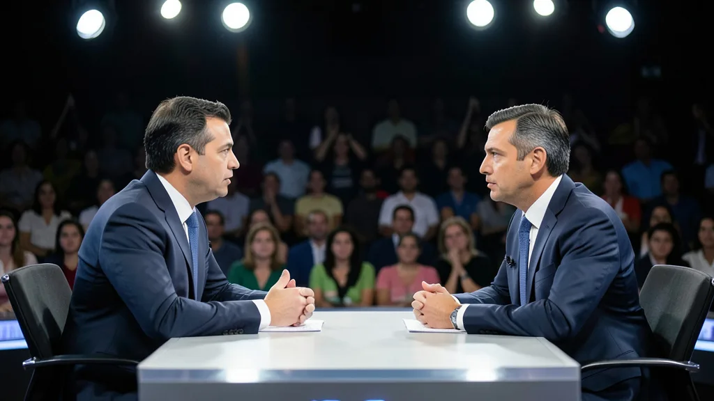 Imagem gerada por IA: Dois candidatos participam de um debate em um estúdio de televisão.