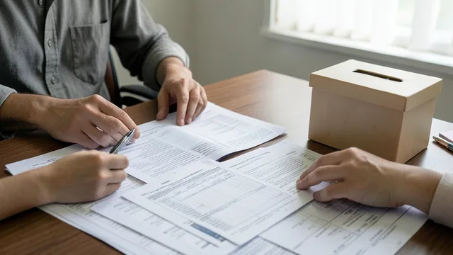 Imagem gerada por IA: Mãos organizam documentos de prestação de contas de campanha sobre uma mesa.