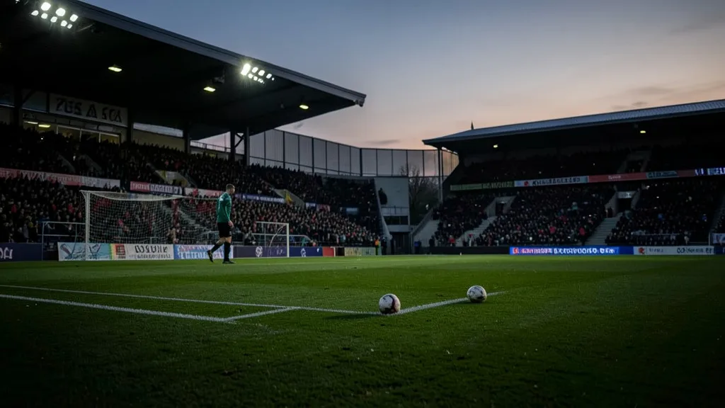 Imagem gerada por IA: Bola posicionada na marca do pênalti diante do gol em um estádio de futebol.