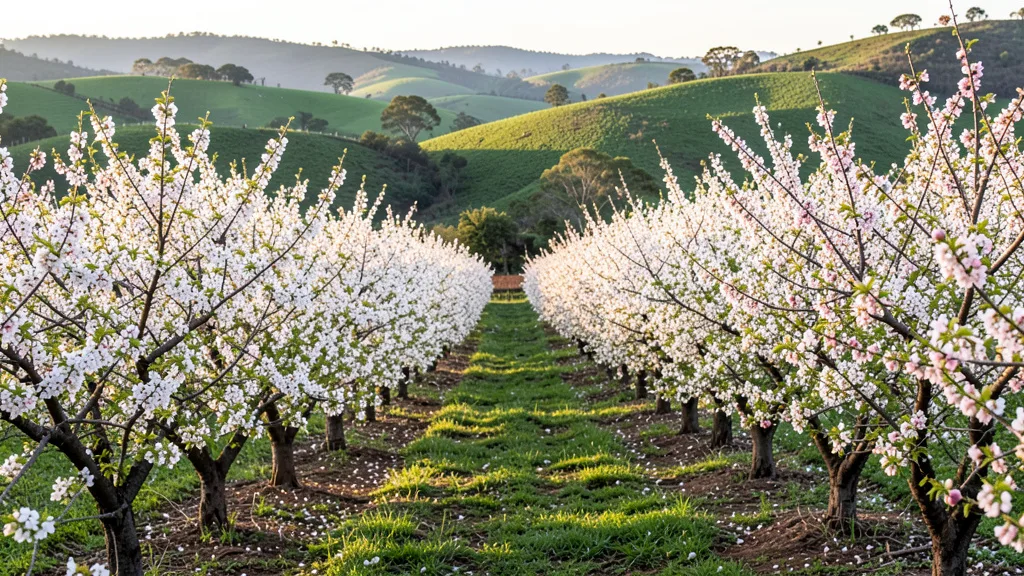 Imagem gerada por IA: Macieiras cobertas de flores brancas e rosadas em um pomar no Sul do Brasil.