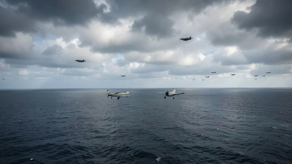 Imagem gerada por IA: Aviões civis sobre o mar, com caças distantes no céu.