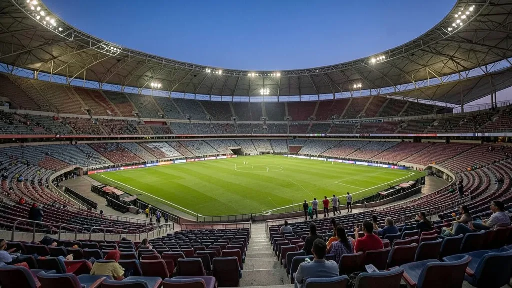 Arquibancadas do Maracanã iluminadas ao entardecer, com visitantes em um tour pelo estádio.