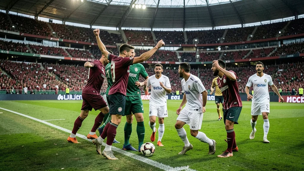 Imagem gerada por IA: Jogadores do Fluminense comemoram o gol da virada no Maracanã.