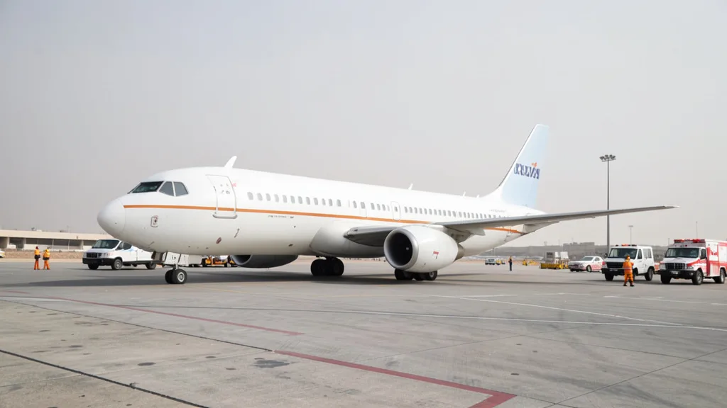 Aeronave comercial estacionada em aeroporto na Arábia Saudita, com veículos de emergência ao redor.