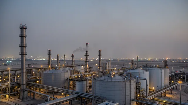 Imagem gerada por IA: Refinaria de petróleo na Arábia Saudita ao entardecer, com fumaça ao longe.