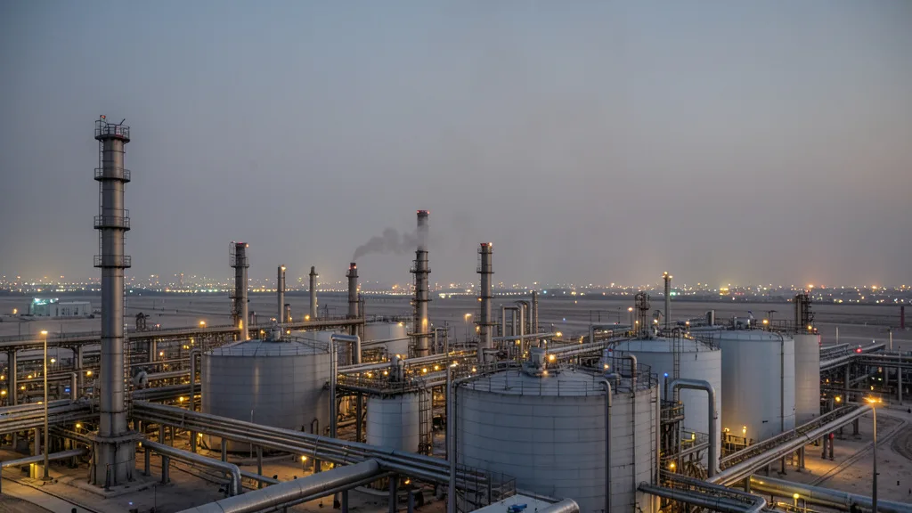 Imagem gerada por IA: Refinaria de petróleo na Arábia Saudita ao entardecer, com fumaça ao longe.