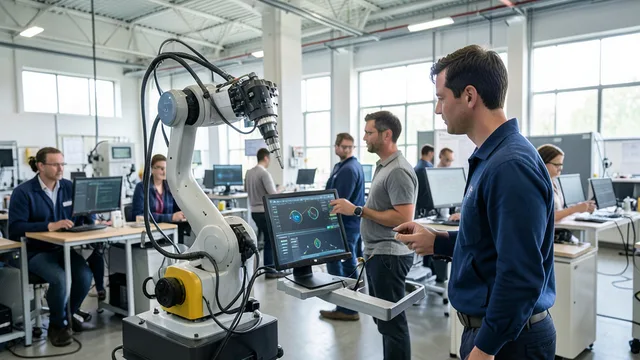 Imagem gerada por IA: Robô industrial trabalha ao lado de funcionários em uma fábrica, representando a mudança nas ocupações com a inteligência artificial.