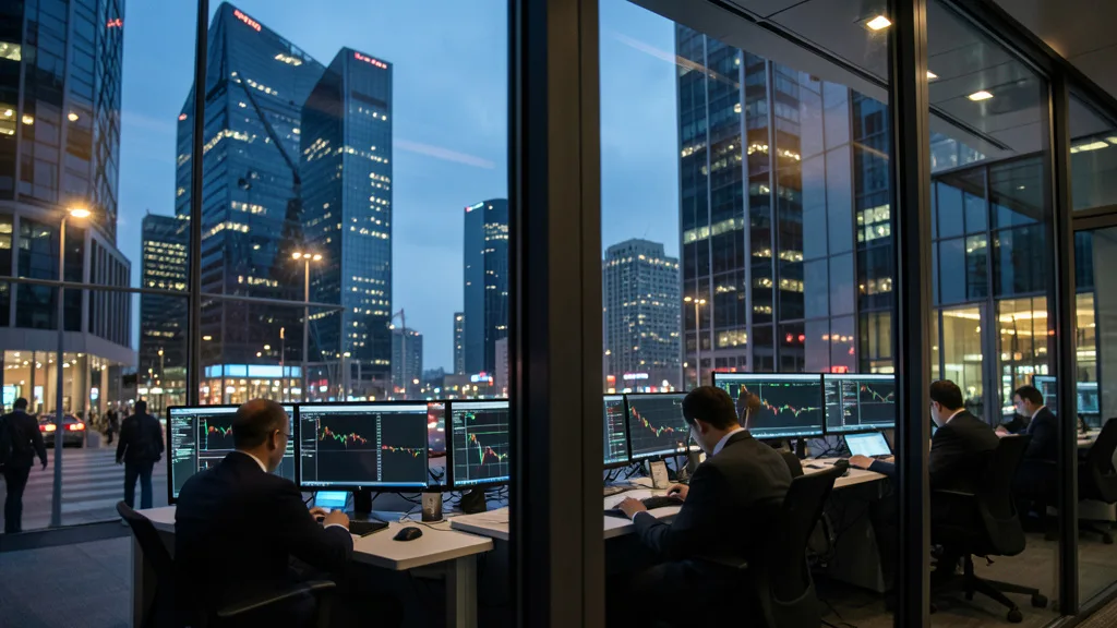 Imagem gerada por IA: Escritório financeiro envidraçado em um distrito comercial ao anoitecer.
