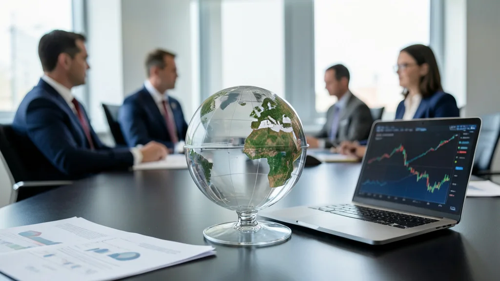 Imagem gerada por IA: Globo de vidro sobre uma mesa com documentos econômicos e participantes de uma reunião ao fundo.