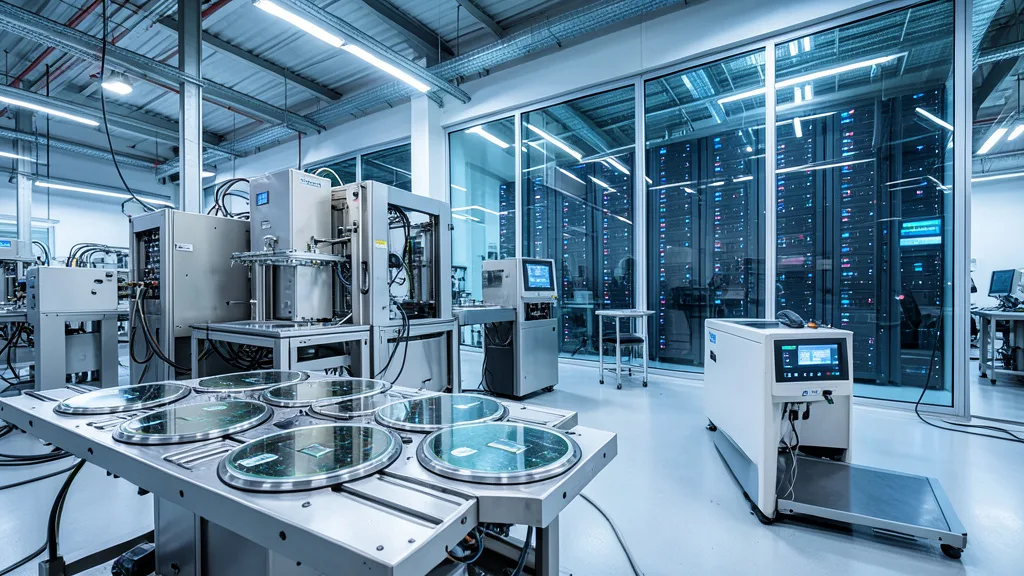 Imagem gerada por IA: Equipamentos de fabricação de semicondutores em uma instalação tecnológica moderna.