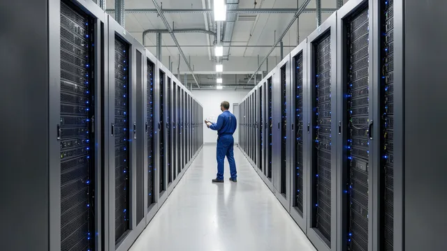 Imagem gerada por IA: Corredor de um centro de dados com fileiras de servidores e um técnico ao fundo.