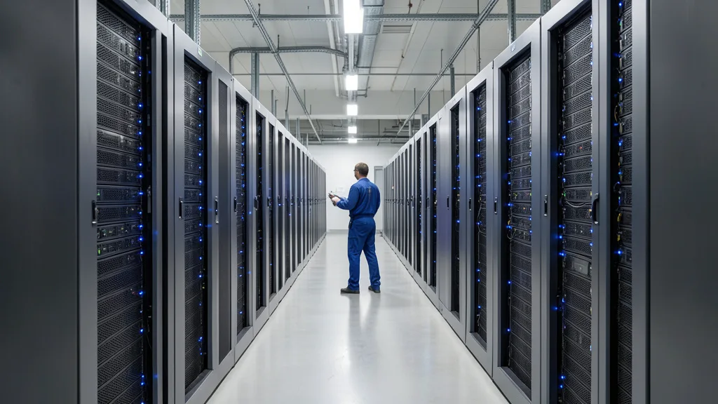 Imagem gerada por IA: Corredor de um centro de dados com fileiras de servidores e um técnico ao fundo.