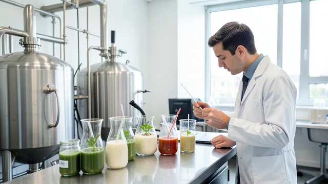 Imagem gerada por IA: Tanques de fermentação e amostras de alimentos em um laboratório de tecnologia alimentar.