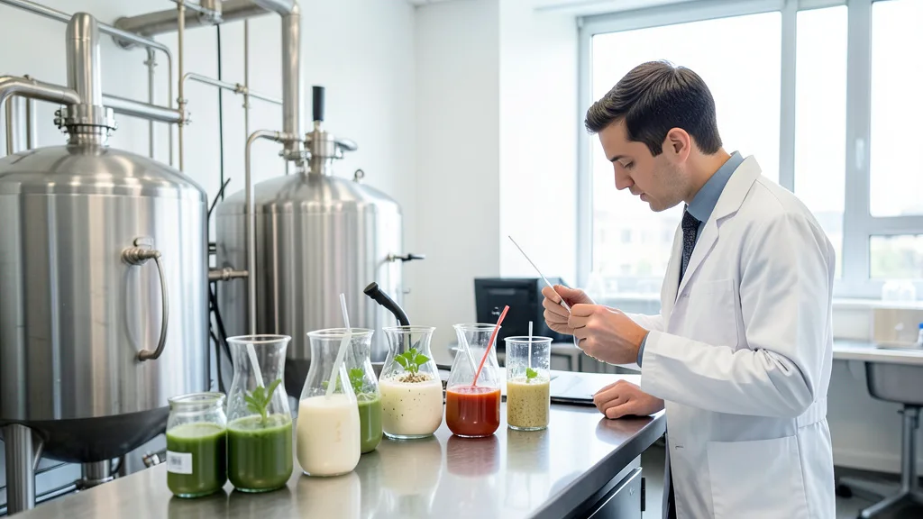 Imagem gerada por IA: Tanques de fermentação e amostras de alimentos em um laboratório de tecnologia alimentar.