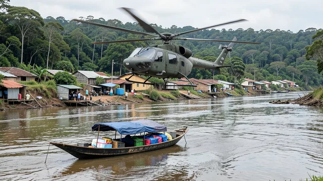 Helicóptero militar sobrevoa uma comunidade ribeirinha isolada para apoiar a logística eleitoral.