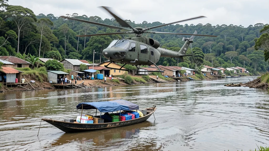 Helicóptero militar sobrevoa uma comunidade ribeirinha isolada para apoiar a logística eleitoral.