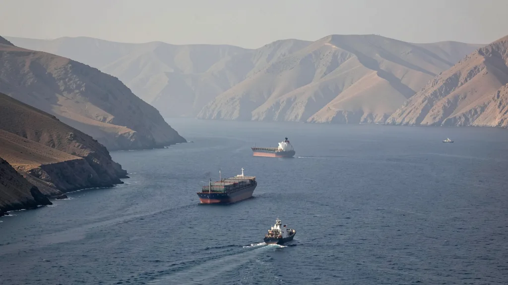 Imagem gerada por IA: Navio cargueiro atravessa o estreito de Bab el-Mandeb, entre o Iêmen e o Chifre da África.
