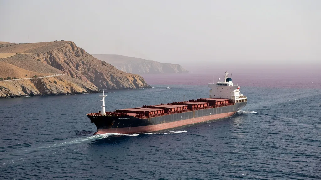 Imagem gerada por IA: Navio cargueiro atravessa o estreito de Bab el-Mandeb, perto da costa do Iêmen.