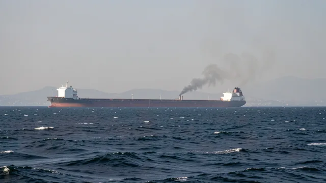Imagem gerada por IA: Petroleiro soltando fumaça no mar próximo ao Estreito de Ormuz.