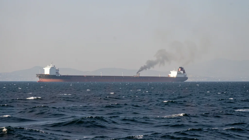 Imagem gerada por IA: Petroleiro soltando fumaça no mar próximo ao Estreito de Ormuz.