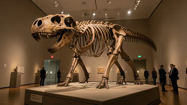 Imagem gerada por IA: Esqueleto de Nanotyrannus exposto em uma galeria de leilões.