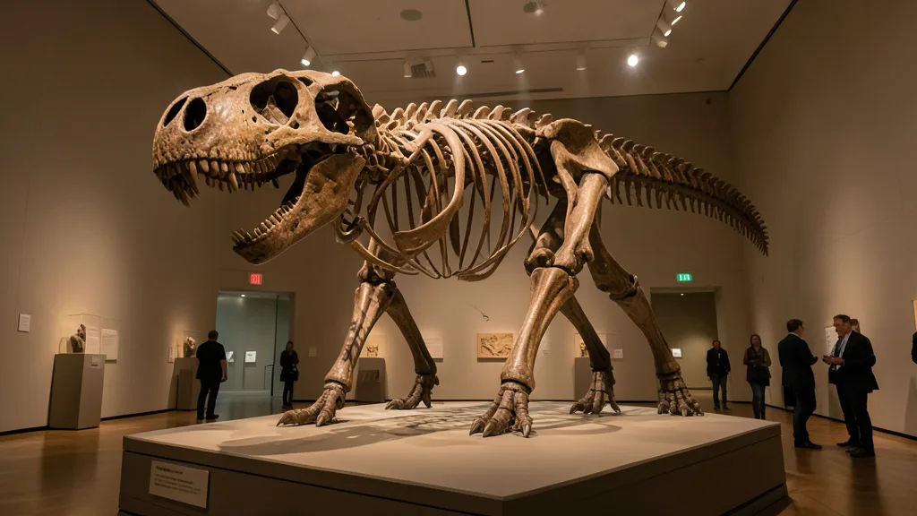 Imagem gerada por IA: Esqueleto de Nanotyrannus exposto em uma galeria de leilões.