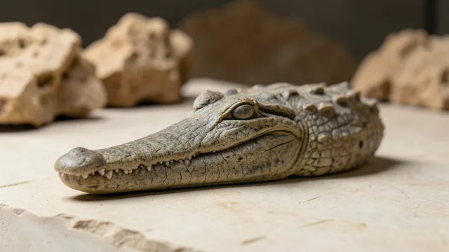 Imagem gerada por IA: Crânio fossilizado de um antigo gavialoide egípcio sobre uma superfície de pedra.
