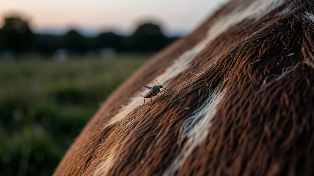 Imagem gerada por IA: Pequeno inseto Culicoides sobre o pelo de uma vaca em um pasto.