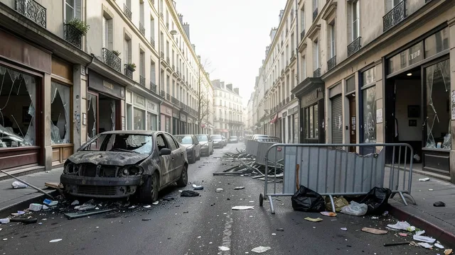 Imagem gerada por IA: Rua francesa com carro queimado, vitrines quebradas e restos de barricada após os distúrbios.