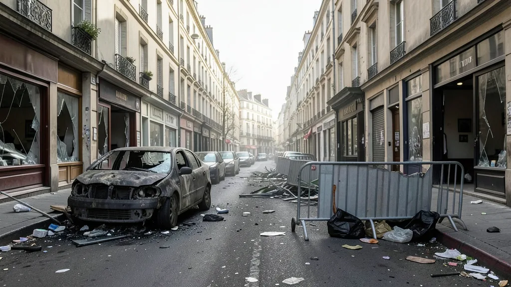 Imagem gerada por IA: Rua francesa com carro queimado, vitrines quebradas e restos de barricada após os distúrbios.