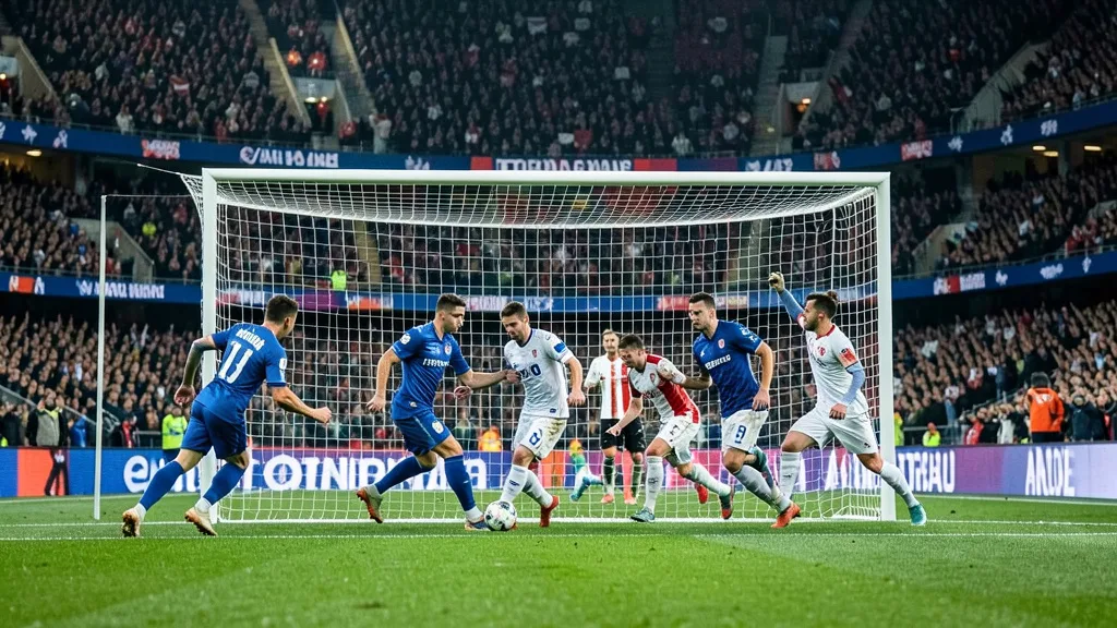 Jogadores de azul e branco disputam a bola perto da área em um estádio lotado.
